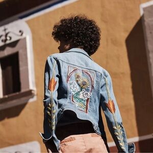 Pilcro Anthropologie Embroidered Denim Jean Jacket Sunflower Hippie Boho Large